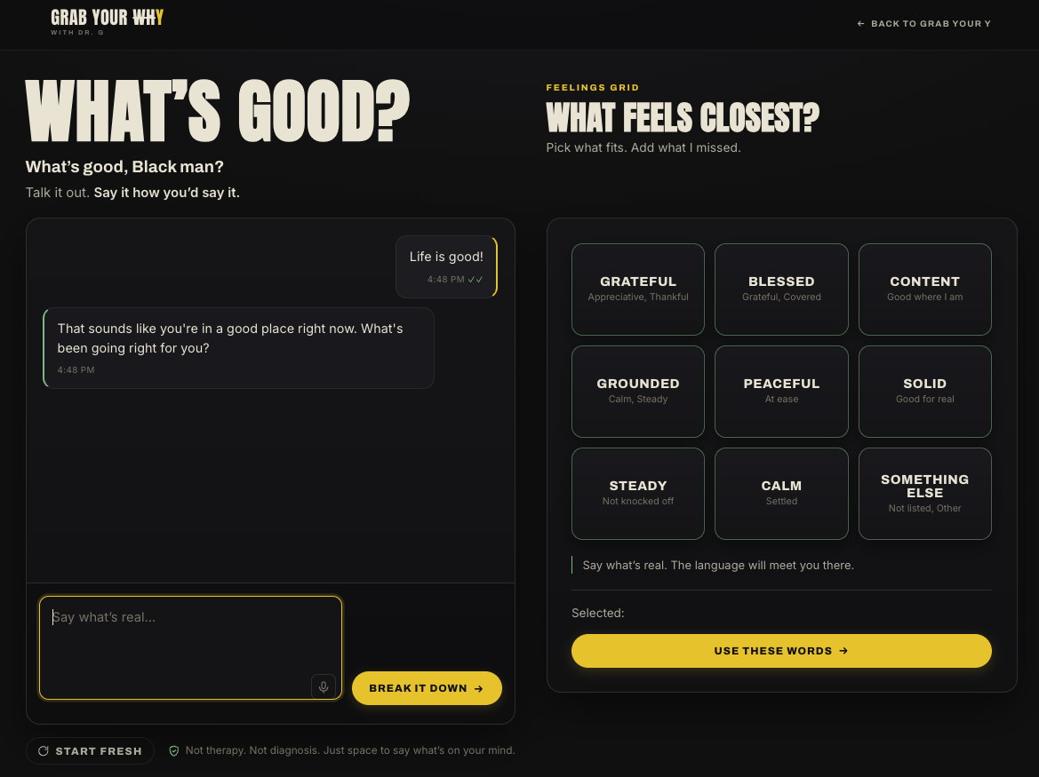 What's Good, the feelings grid and reflective chat interface
